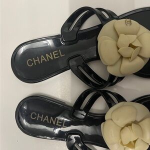 Chanel Black Sandals with Cream Floral Accent
